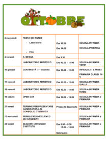 Calendario scolastico di Ottobre