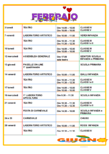 Calendario scolastico di Febbraio